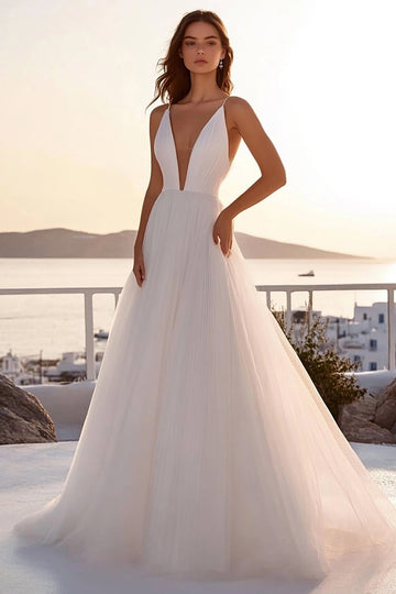 Tulle A Line Pleated Deep V Neck Ivory Wedding Dress